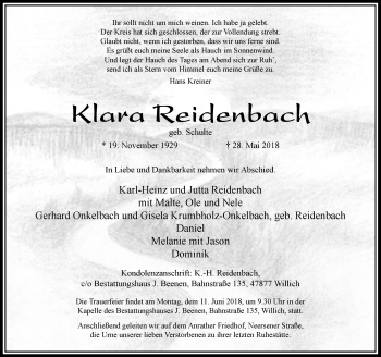 Traueranzeige von Klara Reidenbach von Rheinische Post