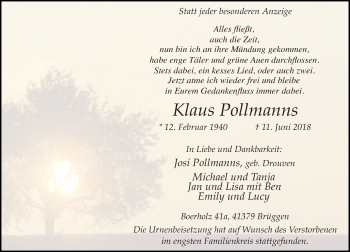 Traueranzeige von Klaus Pollmanns von Rheinische Post