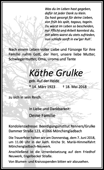 Traueranzeige von Käthe Grulke von Rheinische Post
