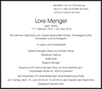 Traueranzeige von Lore Mengel von Rheinische Post