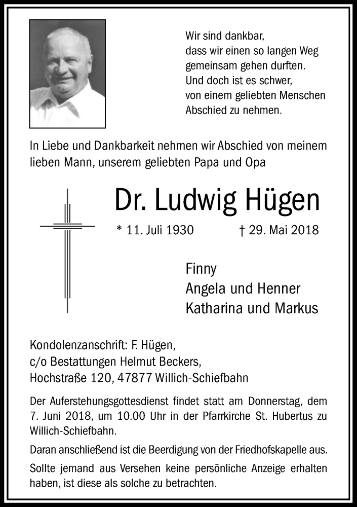  Traueranzeige für Ludwig Hügen vom 04.06.2018 aus Rheinische Post
