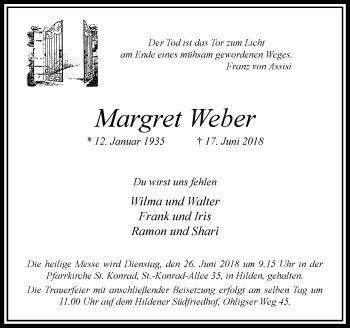 Traueranzeige von Margret Weber von Rheinische Post