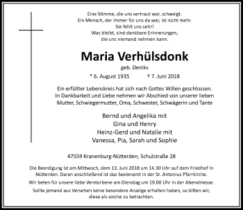 Traueranzeige von Maria Verhülsdonk von Rheinische Post