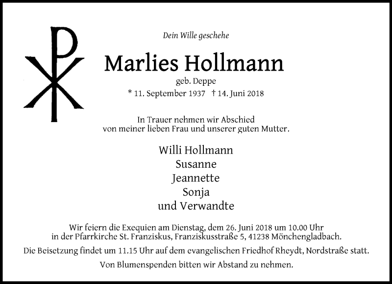  Traueranzeige für Marlies Hollmann vom 23.06.2018 aus Rheinische Post