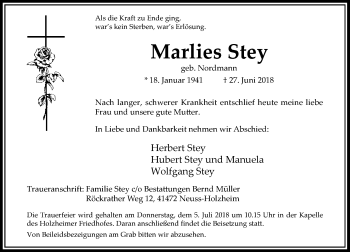 Traueranzeige von Marlies Stey von Rheinische Post