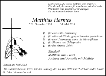 Traueranzeige von Matthias Harmes von Rheinische Post