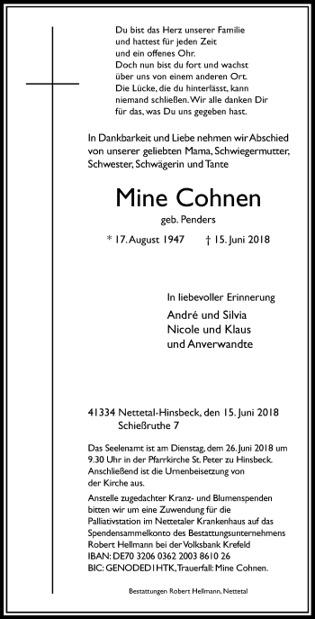 Traueranzeige von Mine Cohnen von Rheinische Post