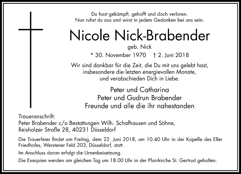  Traueranzeige für Nicole Nick-Brabender vom 09.06.2018 aus Rheinische Post