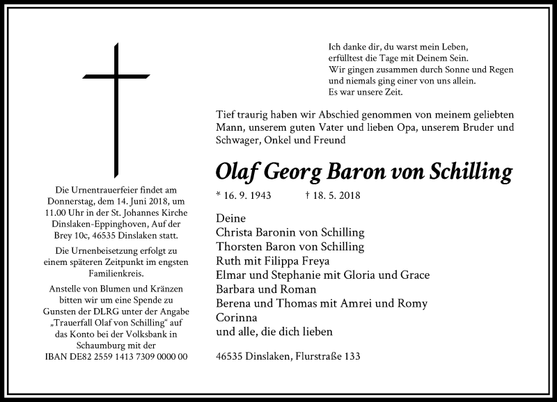  Traueranzeige für Olaf Georg  Baron von Schilling vom 02.06.2018 aus Rheinische Post