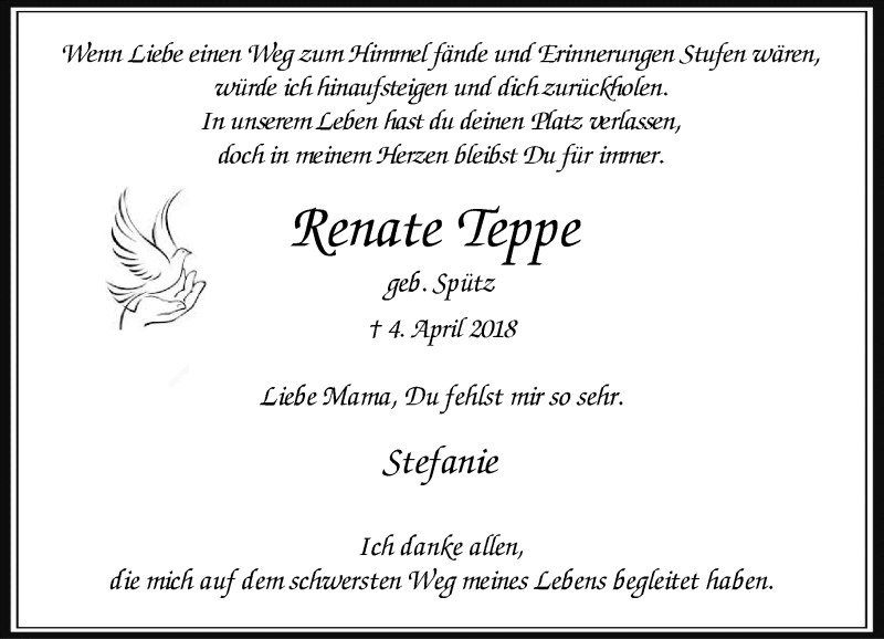  Traueranzeige für Renate Teppe vom 09.06.2018 aus Rheinische Post