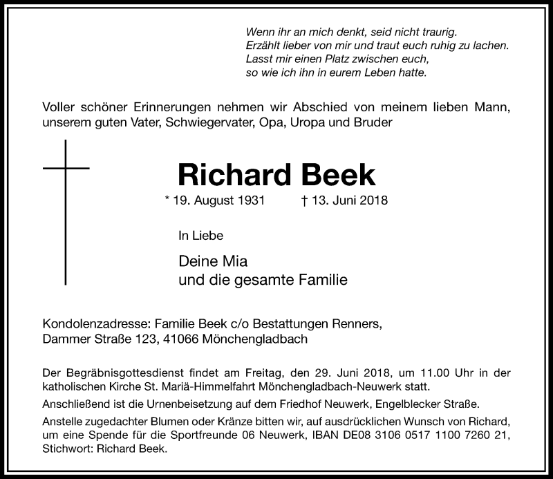  Traueranzeige für Richard Beek vom 23.06.2018 aus Rheinische Post