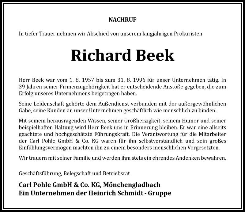  Traueranzeige für Richard Beek vom 23.06.2018 aus Rheinische Post
