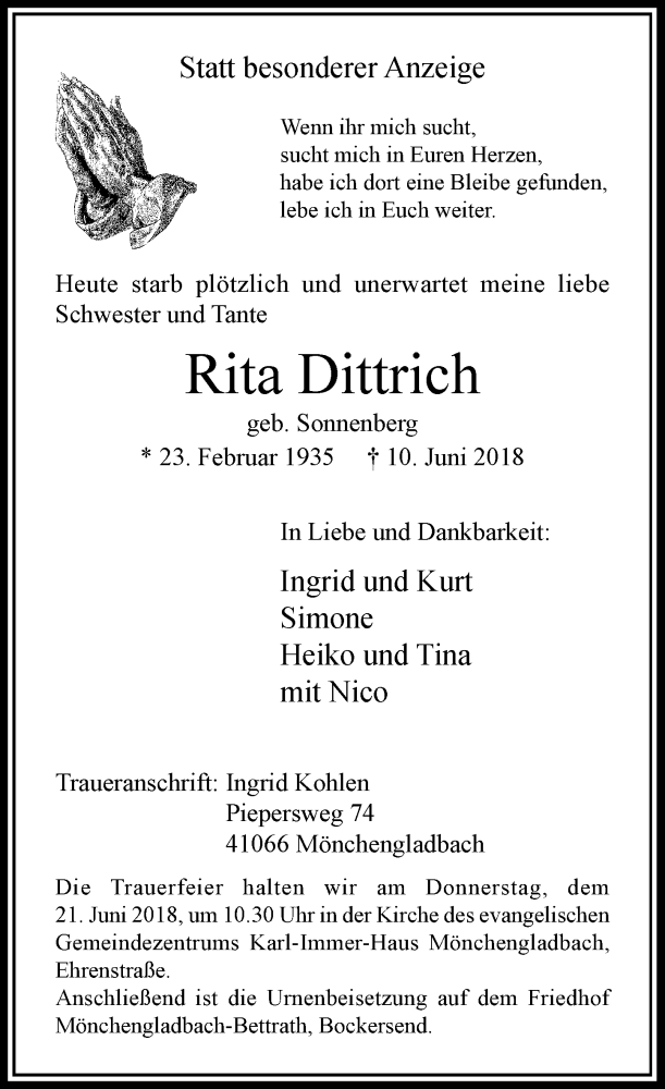  Traueranzeige für Rita Dittrich vom 16.06.2018 aus Rheinische Post