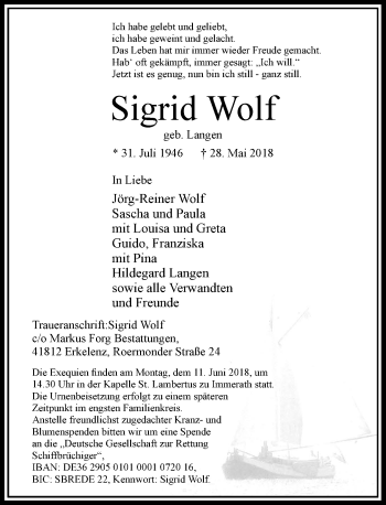 Traueranzeige von Sigrid Wolf von Rheinische Post