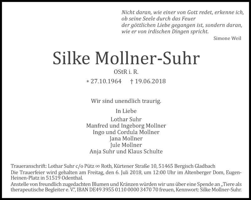  Traueranzeige für Silke Mollner-Suhr vom 30.06.2018 aus Rheinische Post