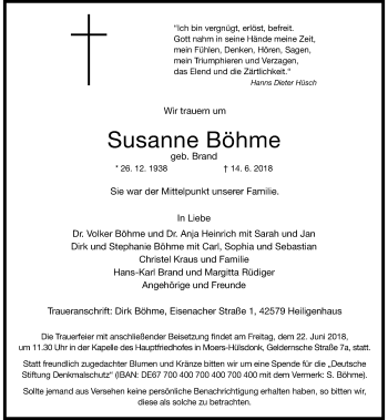 Traueranzeige von Susanne Böhme von Rheinische Post