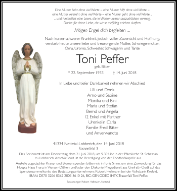Traueranzeige von Toni Peffer von Rheinische Post