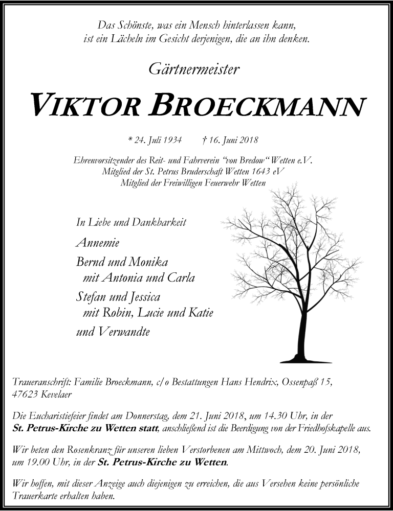  Traueranzeige für Viktor Broeckmann vom 19.06.2018 aus Rheinische Post