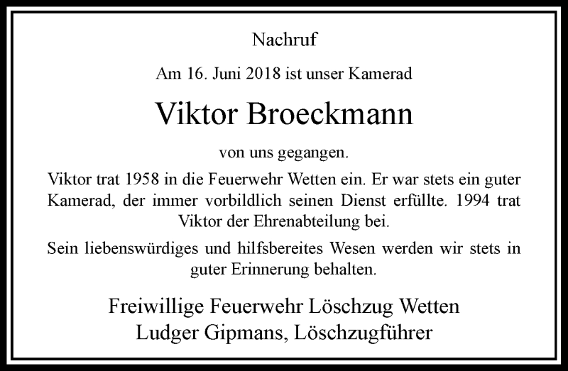  Traueranzeige für Viktor Broeckmann vom 27.06.2018 aus Rheinische Post