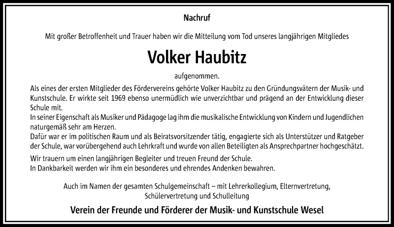 Traueranzeige für Volker Haubitz vom 19.06.2018 aus Rheinische Post
