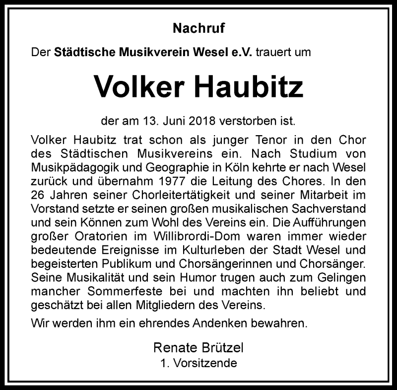  Traueranzeige für Volker Haubitz vom 19.06.2018 aus Rheinische Post