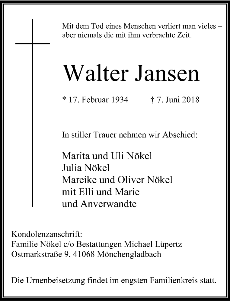 Alle Traueranzeigen für Walter Jansen | trauer.rp-online.de