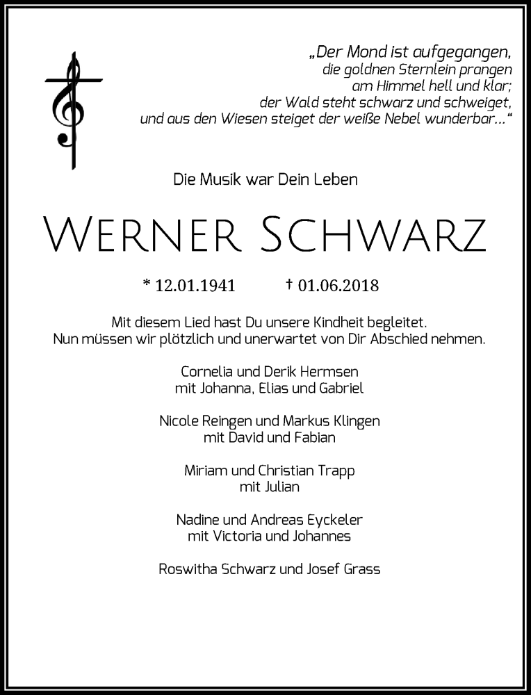  Traueranzeige für Werner Schwarz vom 09.06.2018 aus Rheinische Post