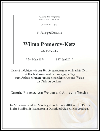 Traueranzeige von Wilma Pomeroy-Ketz von Rheinische Post