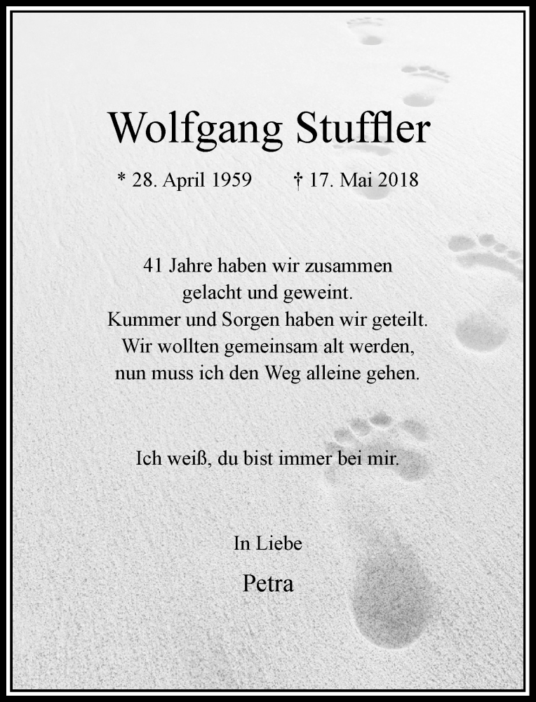  Traueranzeige für Wolfgang Stuffler vom 09.06.2018 aus Rheinische Post