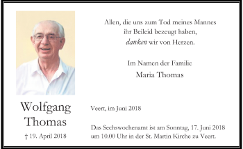 Traueranzeige von Wolfgang Thomas von Rheinische Post