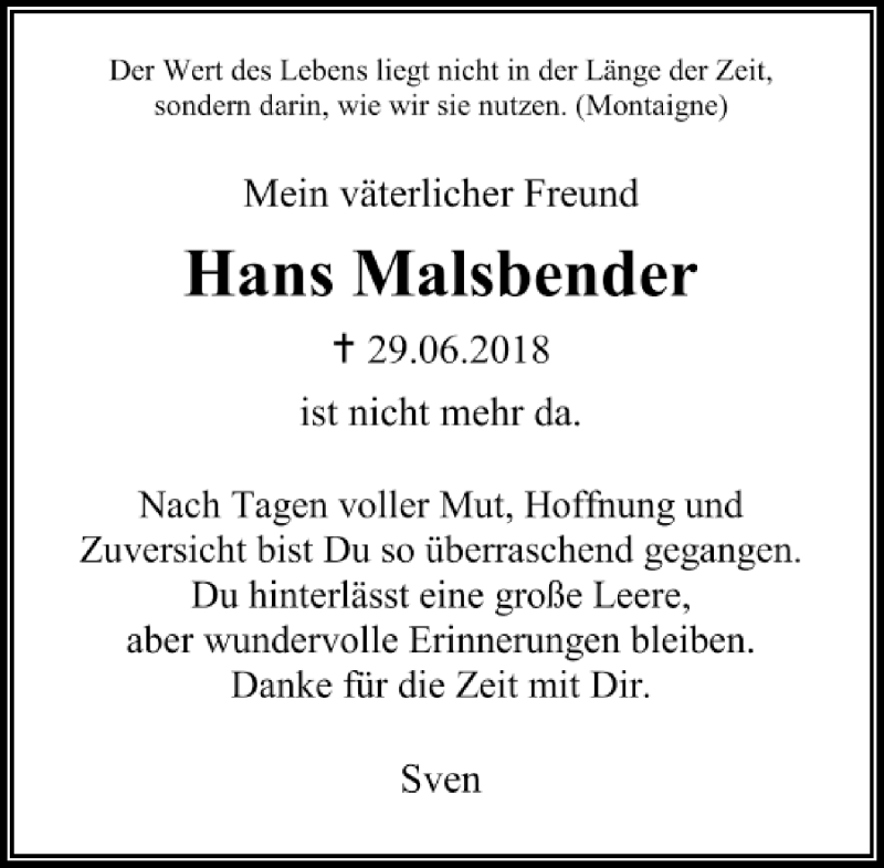  Traueranzeige für Hans Malsbender vom 07.07.2018 aus Rheinische Post