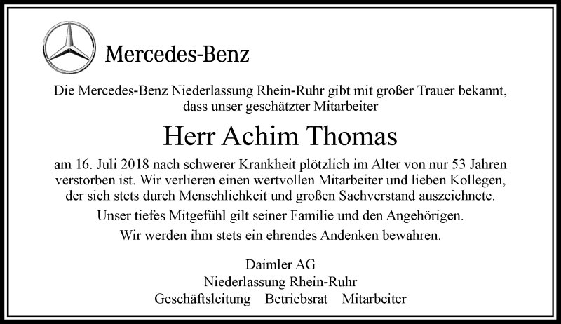  Traueranzeige für Achim Thomas vom 21.07.2018 aus Rheinische Post