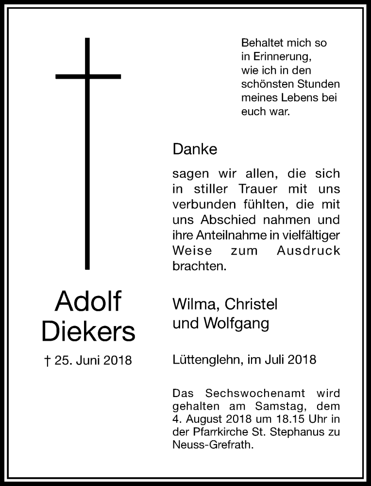  Traueranzeige für Adolf Diekers vom 28.07.2018 aus Rheinische Post
