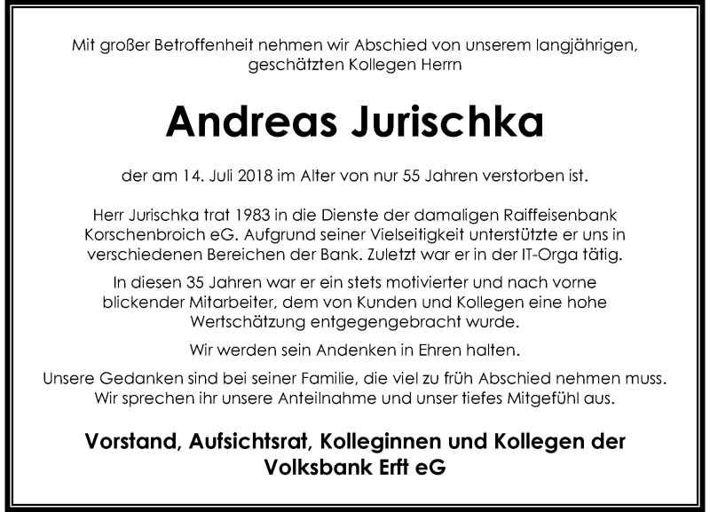  Traueranzeige für Andreas Jurischka vom 21.07.2018 aus Rheinische Post