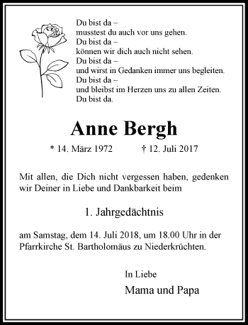Traueranzeige von Anne Bergh von Rheinische Post