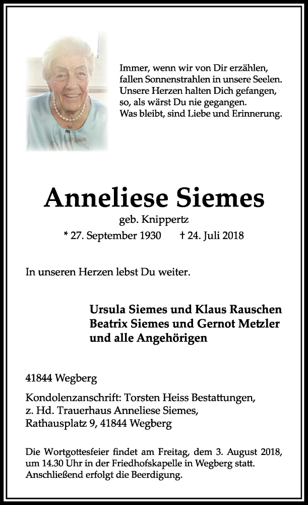  Traueranzeige für Anneliese Siemes vom 01.08.2018 aus Rheinische Post