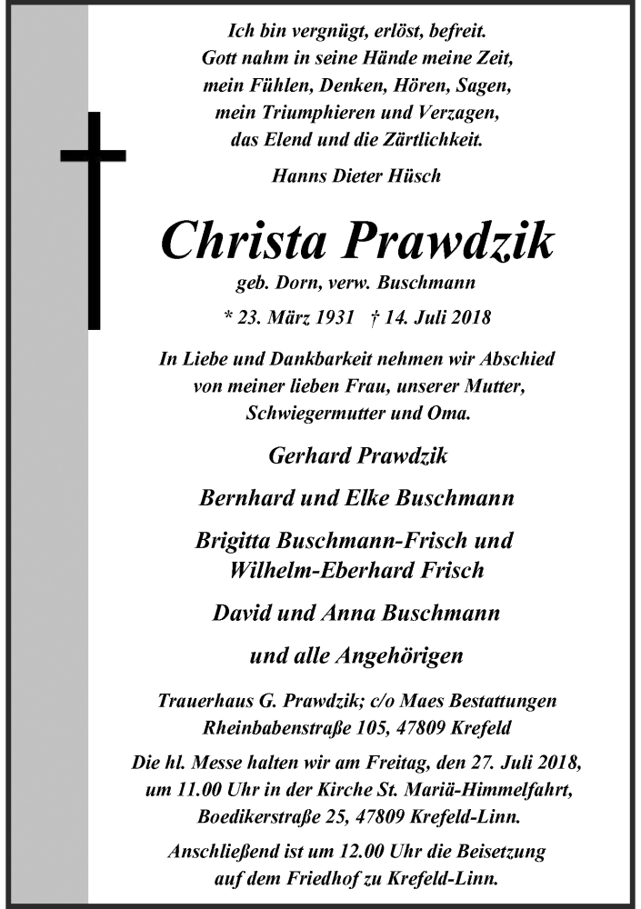  Traueranzeige für Christa Prawdzik vom 21.07.2018 aus Rheinische Post