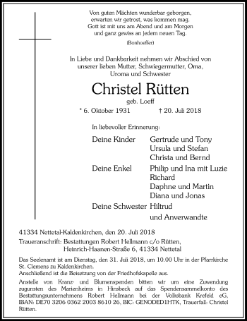 Traueranzeige von Christel Rütten von Rheinische Post