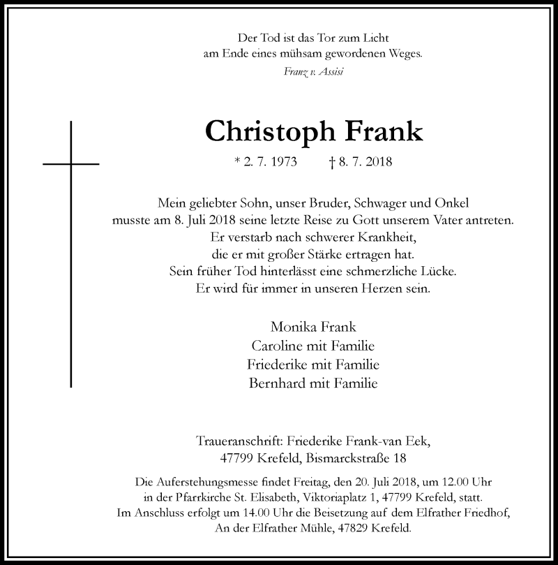  Traueranzeige für Christoph Frank vom 14.07.2018 aus Rheinische Post