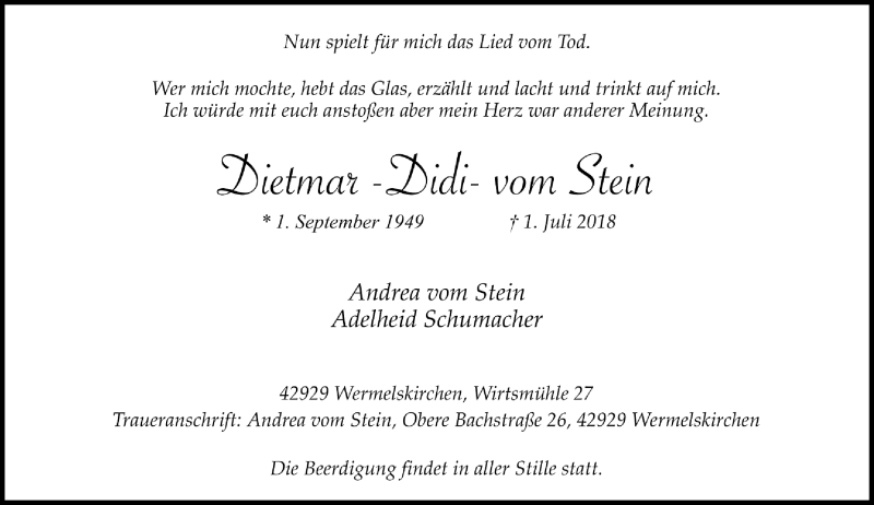  Traueranzeige für Dietmar vom Stein vom 10.07.2018 aus Rheinische Post
