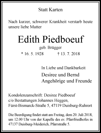 Traueranzeige von Edith Piedboeuf von Rheinische Post