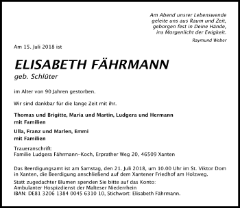 Traueranzeige von Elisabeth Fährmann von Rheinische Post