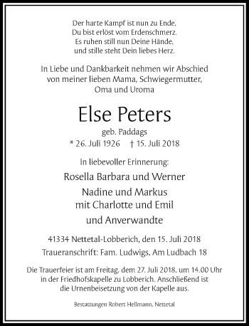 Traueranzeige von Else Peters von Rheinische Post