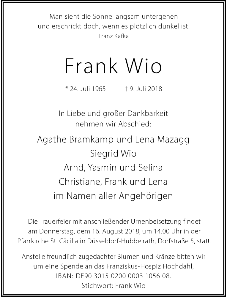  Traueranzeige für Frank Wio vom 28.07.2018 aus Rheinische Post