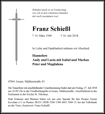 Traueranzeige von Franz Schießl von Rheinische Post