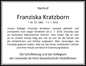 Traueranzeige von Franziska Kratzborn von Rheinische Post