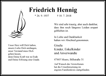 Traueranzeige von Friedrich Hennig von Rheinische Post