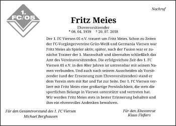 Traueranzeige von Fritz Meies von Rheinische Post