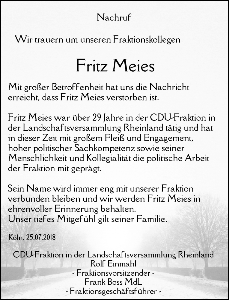  Traueranzeige für Fritz Meies vom 25.07.2018 aus Rheinische Post