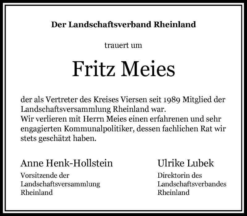  Traueranzeige für Fritz Meies vom 26.07.2018 aus Rheinische Post